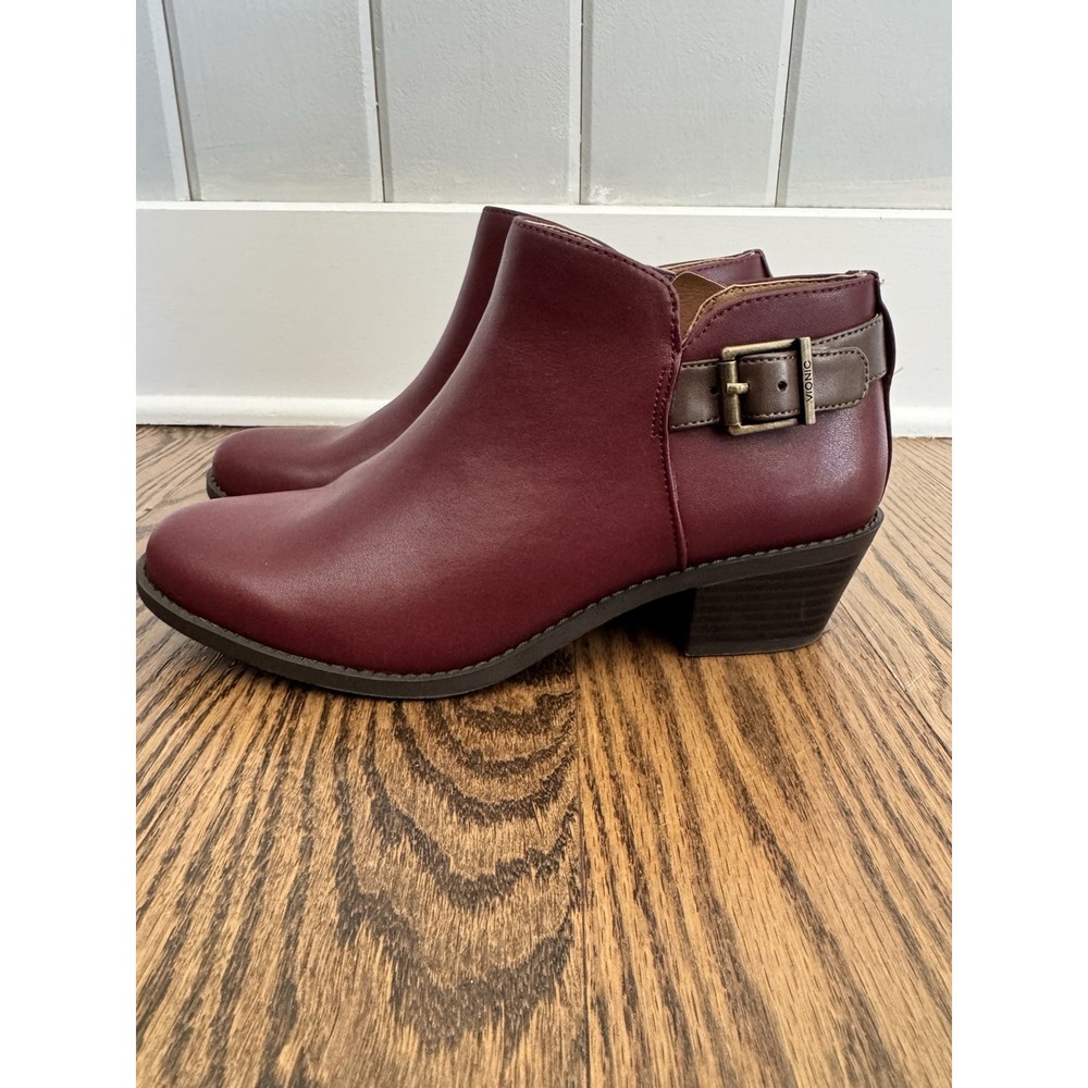 Vionic Women's Burgundy Ankle Boots Booties Buckle Side Zip Block Heel Size 7
